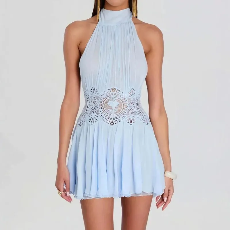 Sexy Women's Pleated Patchwork Mini Dress Halter Hollow Backless Ribbon Blue A-line Dresses 2026 Summer Beach Vacation Vestidos — image 4
