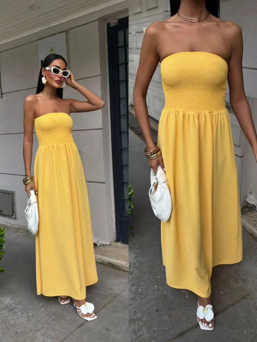 2026 Nieuwe zomermode effen kleur off-shoulder strapless taille-cinching lange jurk voor dames