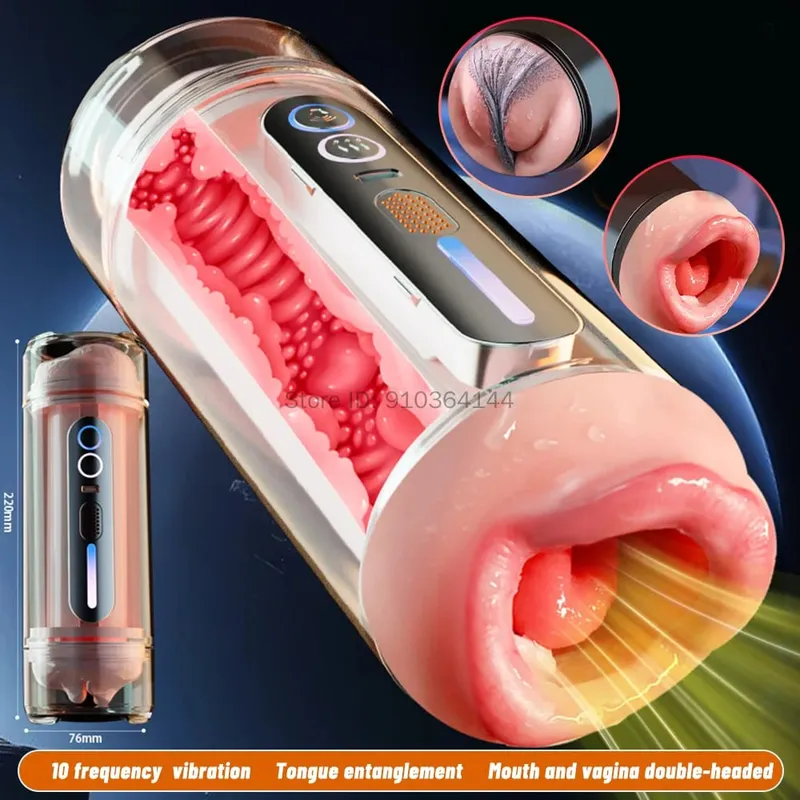 Realistic Oral Vagina Two Head Use Male Masturbator Automatic Vibrating Moaning Pocket Pussy Voice Blowjob Cup Sex Toys for Men