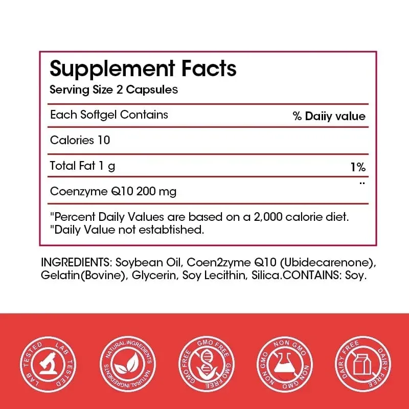 Coenzyme Q10 Capsules 200mg -Provide Energy Support Heart and Cardiovascular Health Promote Metabolism Anti-oxidation