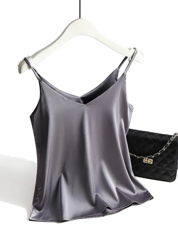 2026 Spaghetti Strap Top Women Halter V Neck Basic White Cami Sleeveless Satin Silk Tank Tops Women'S Summer Camisole