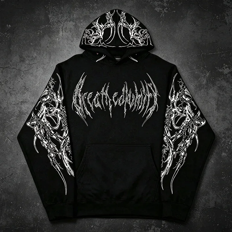 Men Alt Gothic Pullover Hoodie Y2k High Street American Style Dark Thorn Print Fleece Lined Loose Biker Fall Winter Sweatshirt