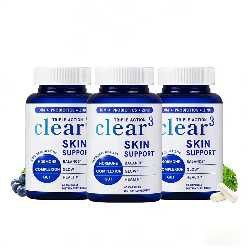 Clear³ Suplemen Sokongan Kulit dengan Probiotik & Zink DIM – Kulit Sihat & Sokongan Pemakanan Usus 60 Kapsul