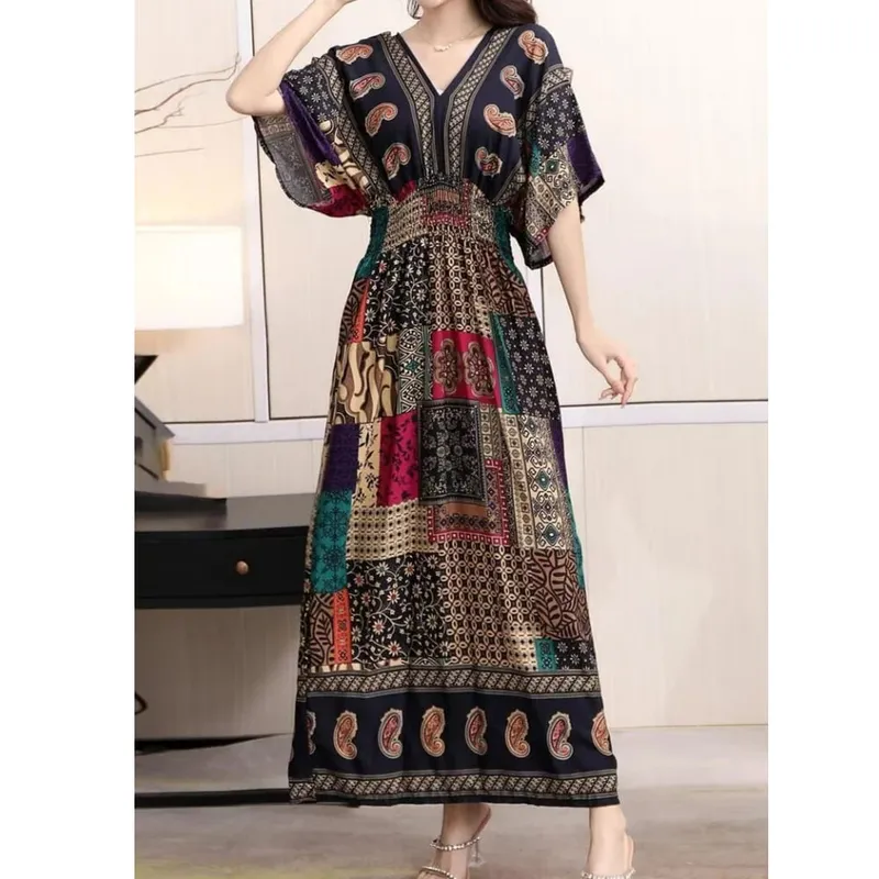 Casual Elegant Retro Bohemian National Style V-neck Elastic Waist Large Swing Printed Summer Long Skirt Woman Dress Clothes