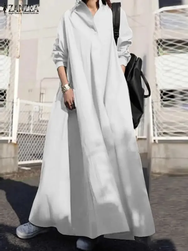 Robe chemise à manches longues pour femme, ample, surdimensionnée, Maxi, caftan, revers, couleur unie, demi-bouton, ligne a, automne — image 3