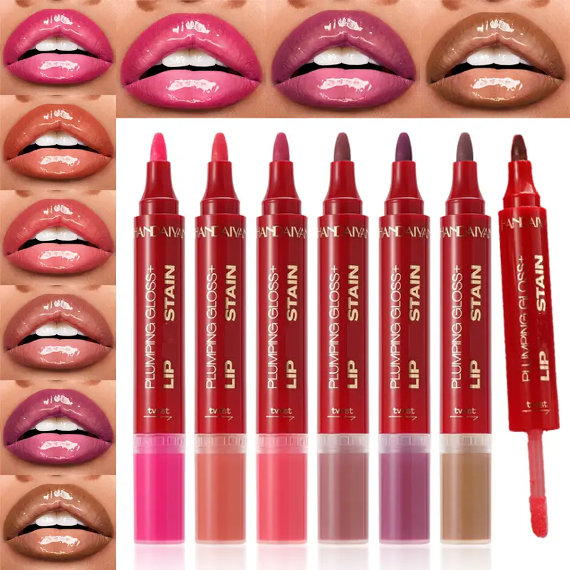 Double-headed Liquid Lip Gloss Pen Lip Contour Liner Oil 2 in 1 Lip Glaze Long Lasting Moisturizing Plumping Lips Stain Makeup