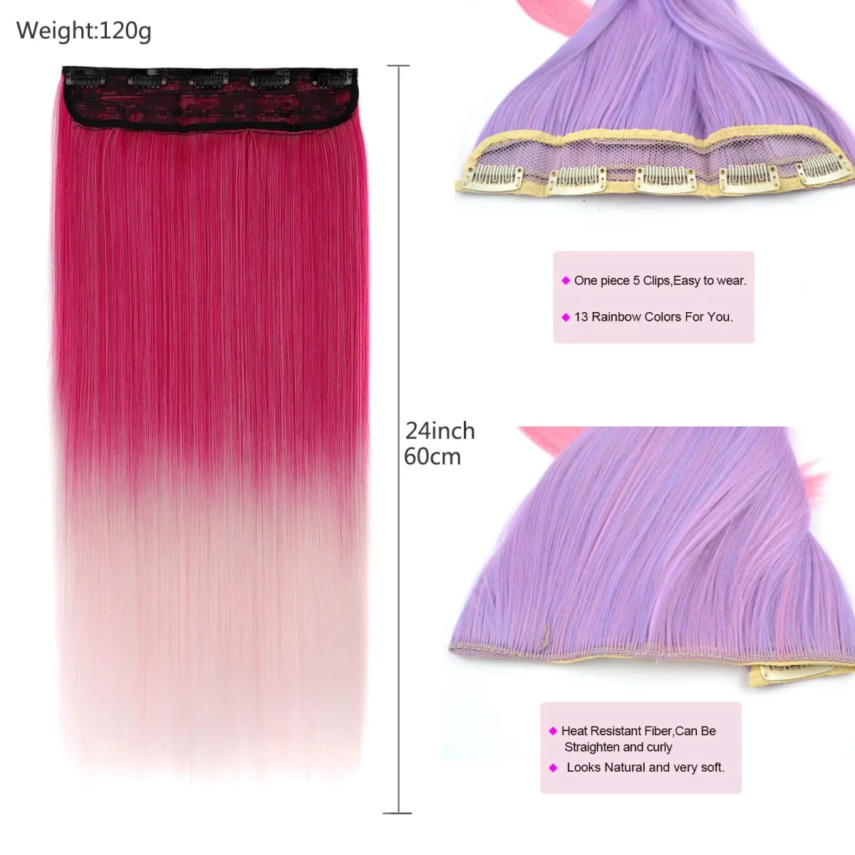 Jeedou Rainbow Hairpieces Clip In Hair Extension Ombre Color One Piece With 5Clips Straight Hair Wig For Girls Halloween Cosplay