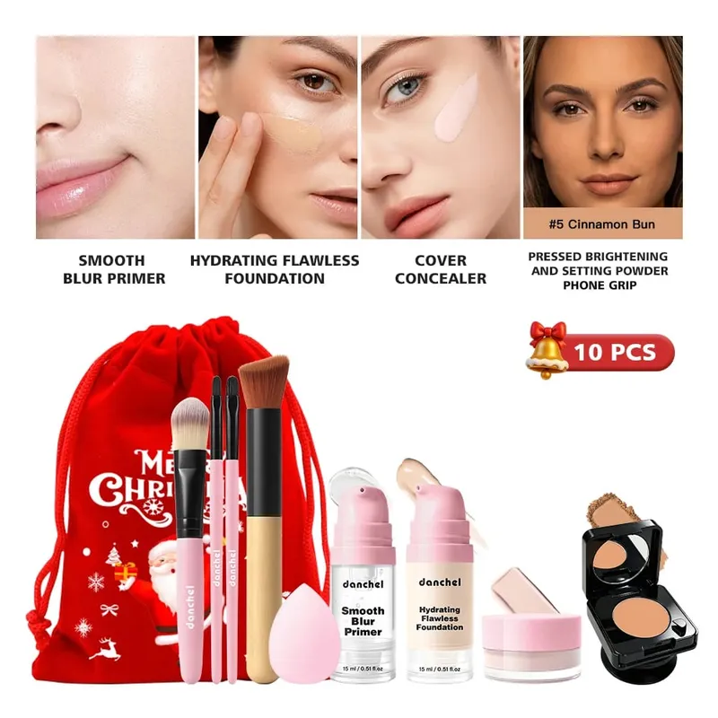10Pcs Makeup Set Primer Foundation Concealer Setting Powder Makeup Brushes Beauty Sponge Full Face Cosmetic Kit Christmas Gift