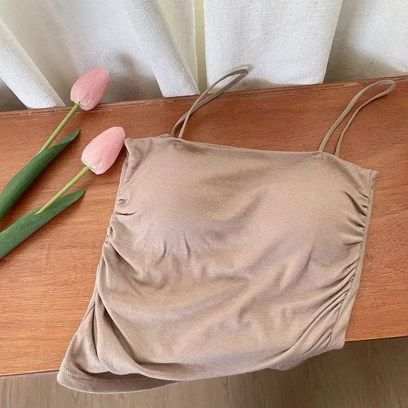 Solid All-Match Pleat Sling Vest Strap Chest Pad Inner Wear Slim Fit Slimming Short Gyaru Outer Wear Top