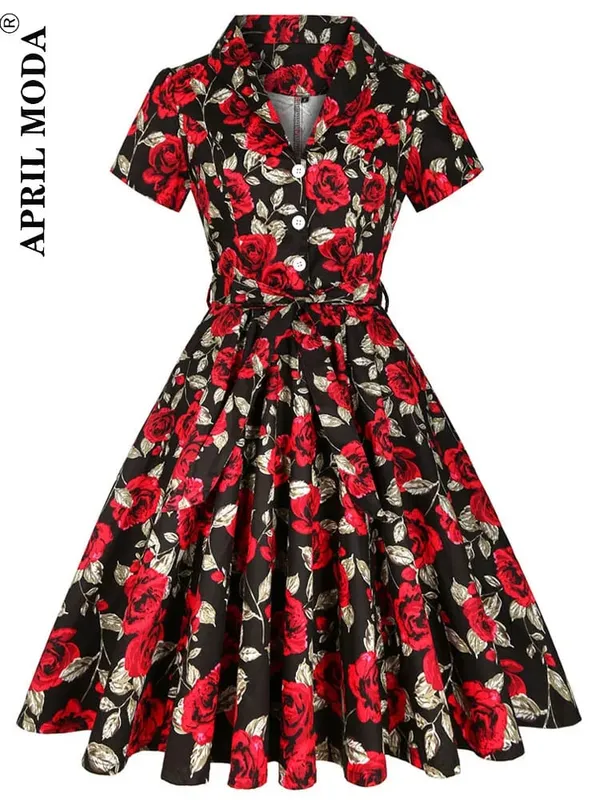 2026 Robe De Cocktail Pinup Rockabilly Dress Midi Cotton Tunic Jurken Causal Vintage 60s 1950s Big Swing Summer Party Sundress