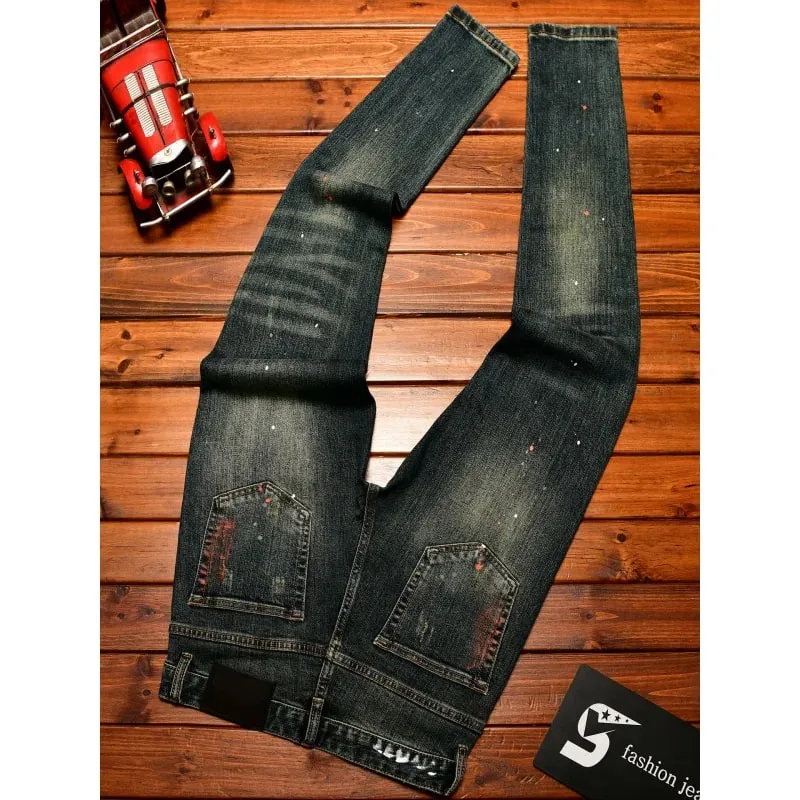 Broken hole patch jeans for men 2025 new men's clothing paint printing trend design retro nostalgic slim fit denim pants