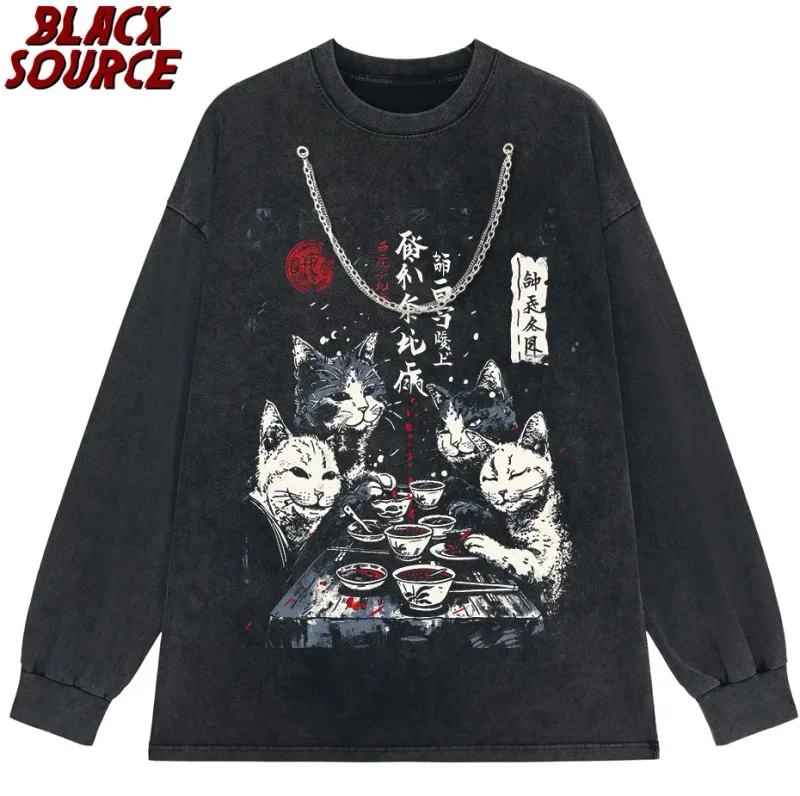 T0220 Cute Ramen Japanese Cat Hoodie, Unisex Cartoon Graphic Pullover Sweatshirt, Casual Streetwear Loose Fit Daily Wear