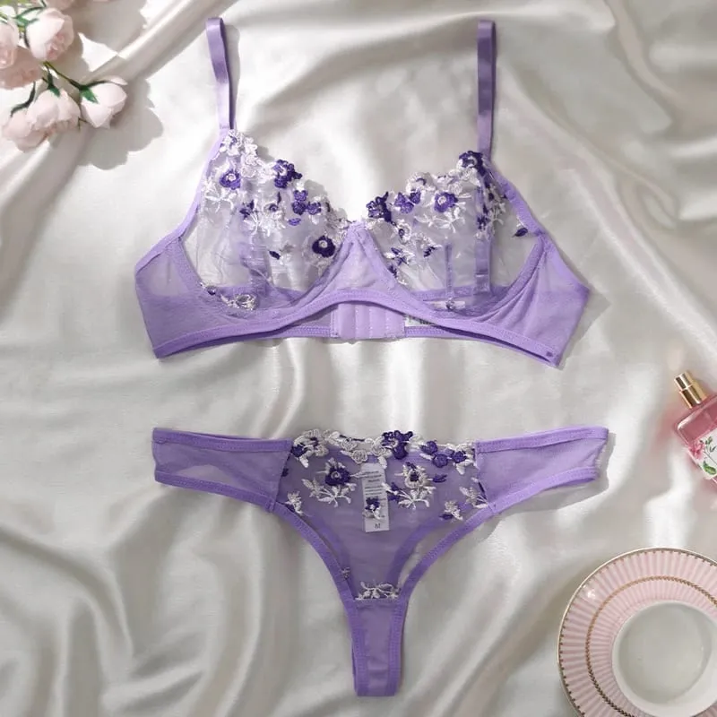 Conjunto de sujetador y bragas de lencería de encaje sexy, ropa interior para mujer, conjunto de Bralette con bordado de flores
