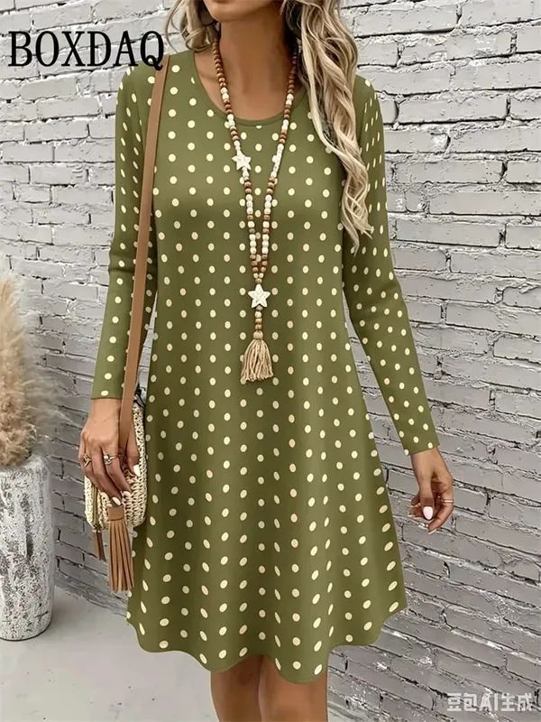 Polka Dot 3D Print Dresses For Women 2026 Autumn Fashion Long Sleeve A-Line Dress Women Casual O-Neck Loose Home Dress Vestidos