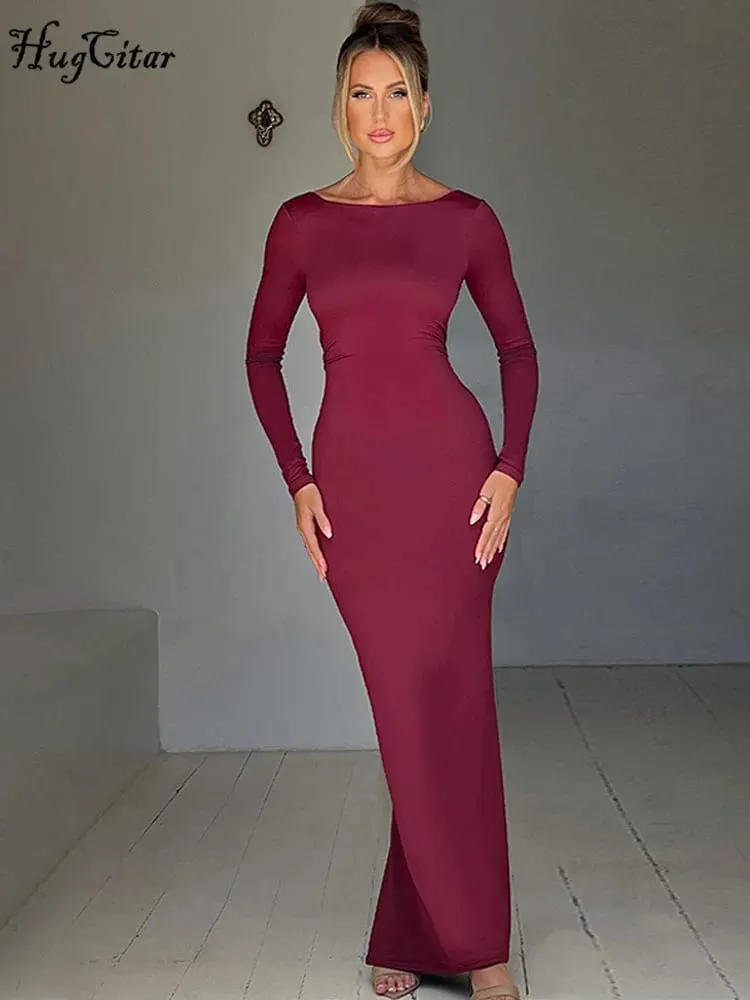 Hugcitar Spring Elegant Long Sleeve Backless Solid Cuched Sexy Bodycon Maxi Prom Dress Women Outfit Evening Party Festival Y2K — image 4