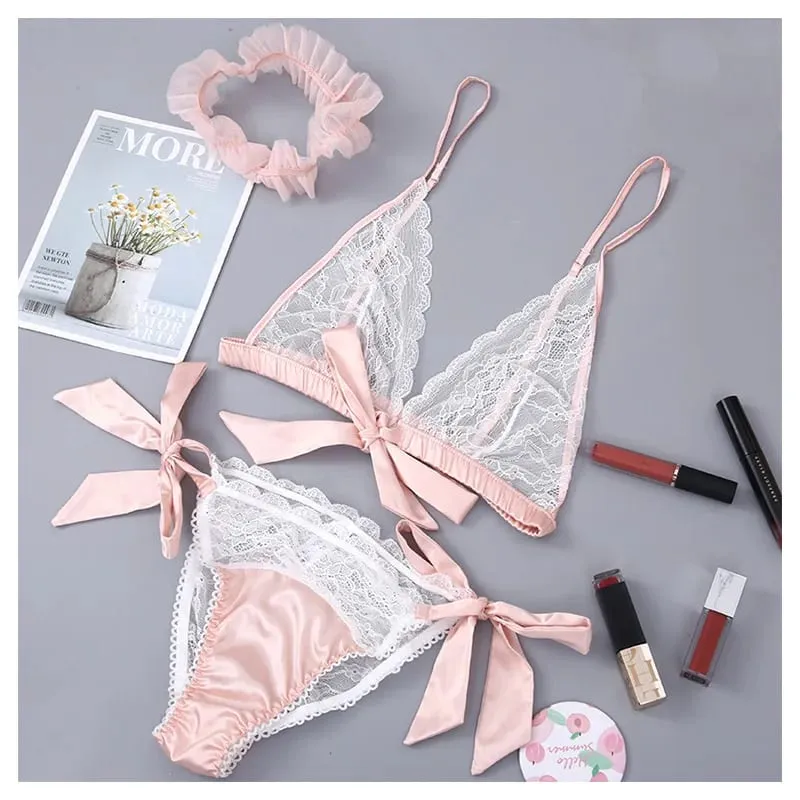 Lingerie sexy francese con volant in pizzo, reggiseno e slip senza ferretto con set di biancheria intima con giarrettiera, tentazione, set di reggiseno ultra sottile