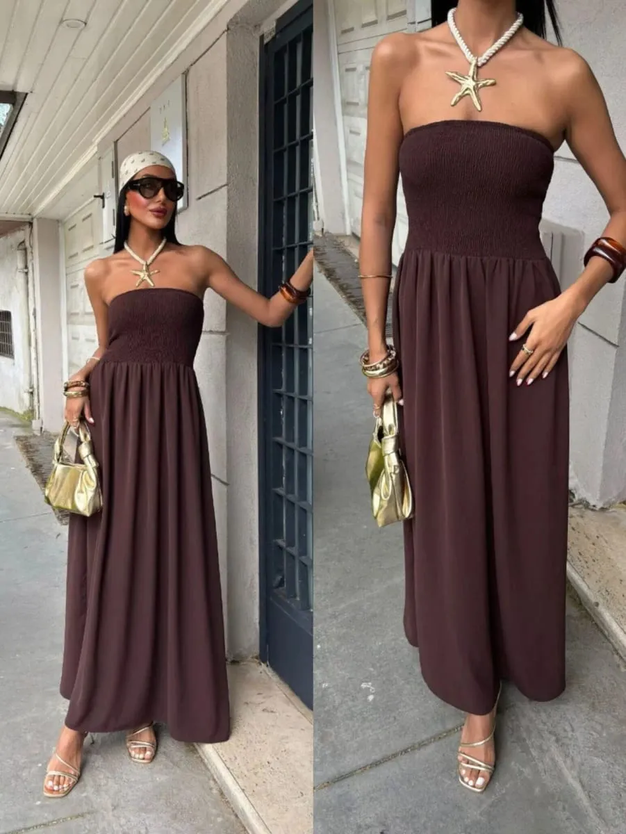 2026 Nieuwe zomermode effen kleur off-shoulder strapless taille-cinching lange jurk voor dames