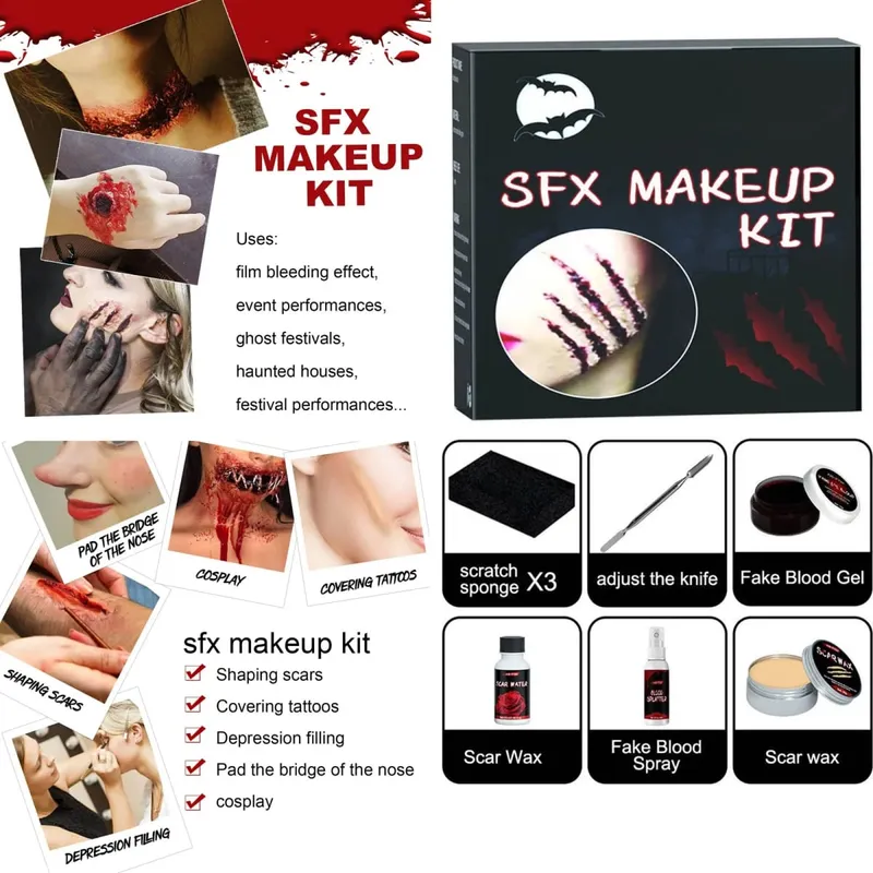 Halloween Special Effects Makeup Kit 1Pc Fake Blood Gel Scar Water Scar Wax Adjust Knife Fake Blood Spray 3Pcs Sponge Set