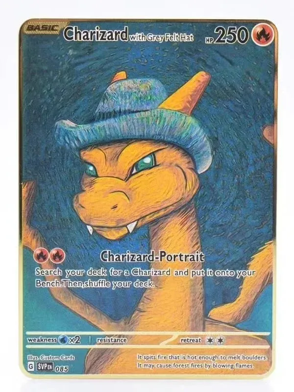 Van Gogh Museum Pokemon English Metal Card Anime Pikachu Charizard Mewtwo Shiny Letters Game Collection Card Kids Toy Gifts