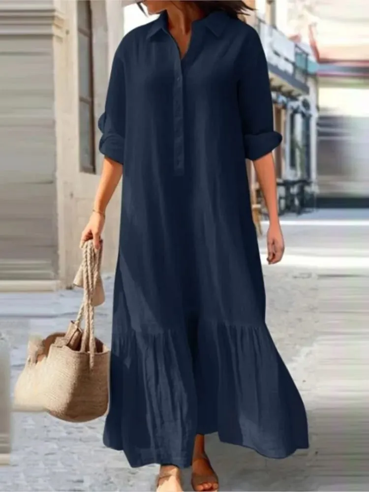 Cotton Linen Long Dress Women Long Sleeve Button Solid Color Casual Ruffles Loose Dresses Spring Autumn Comfortable Shirt Dress — image 6