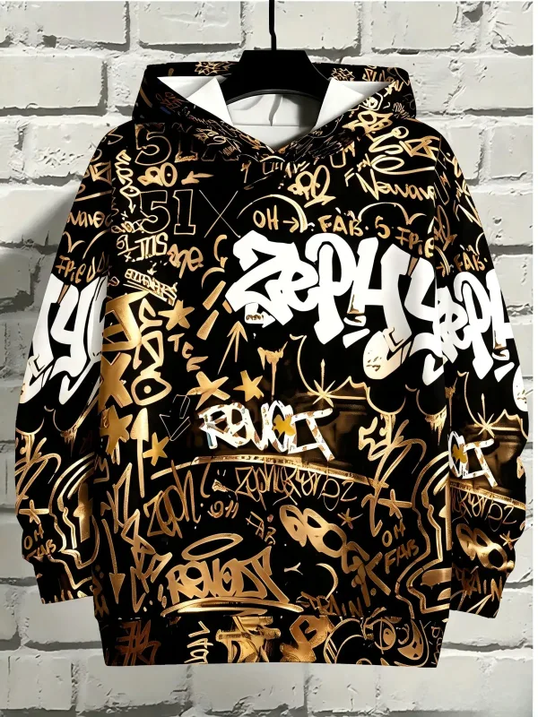 Europäische und amerikanische Herren Herbst Gothic Letter Graffiti Print Weiches und bequemes Kapuzenpullover Outdoor Street Top