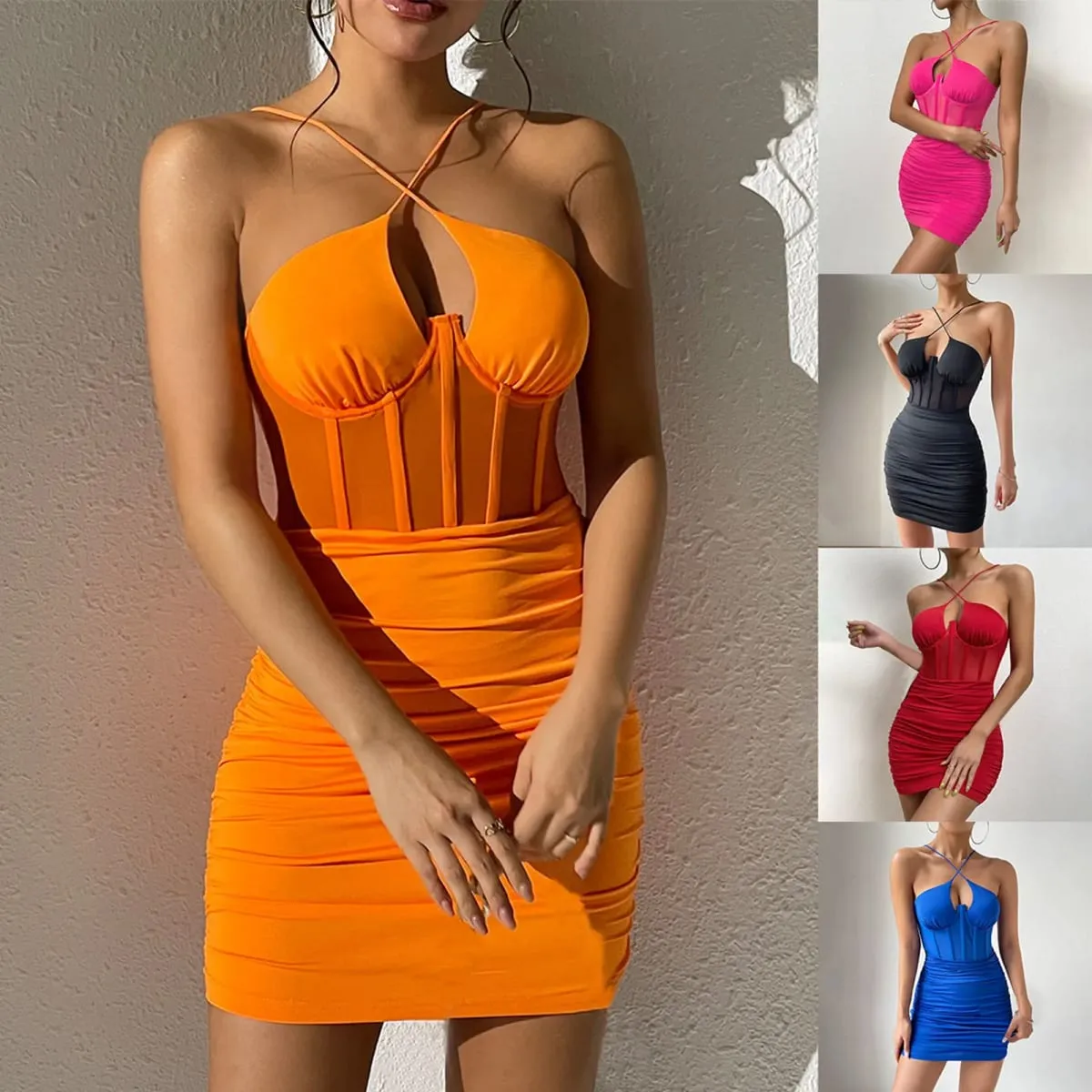 Women's Sexy Strapless Mini Dress Mesh See Through Strap Fish Bone Corset Short Dresses Solid Color Slim Fit Pleated Vestidos