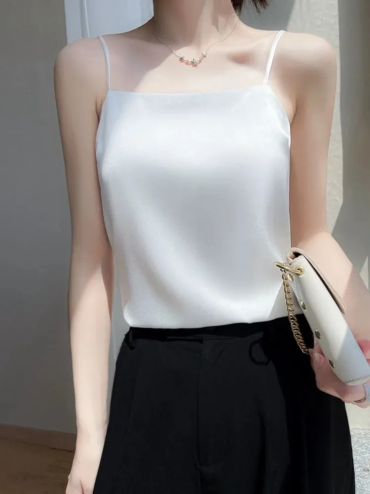 Silk Satin One-Shoulder Sexy Strap Vest Women's Sleeveless Suit Inner Wear Base Shirt Backless Commute Style Pure Color Summer