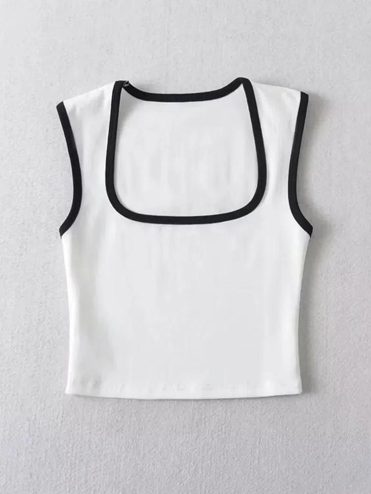 Woman Fashion Slim Solid Contrust Camis Casual Sleeveless Tanks Square Collar Crop Tops Clothing Streetwear Mujer 2024 Y2k