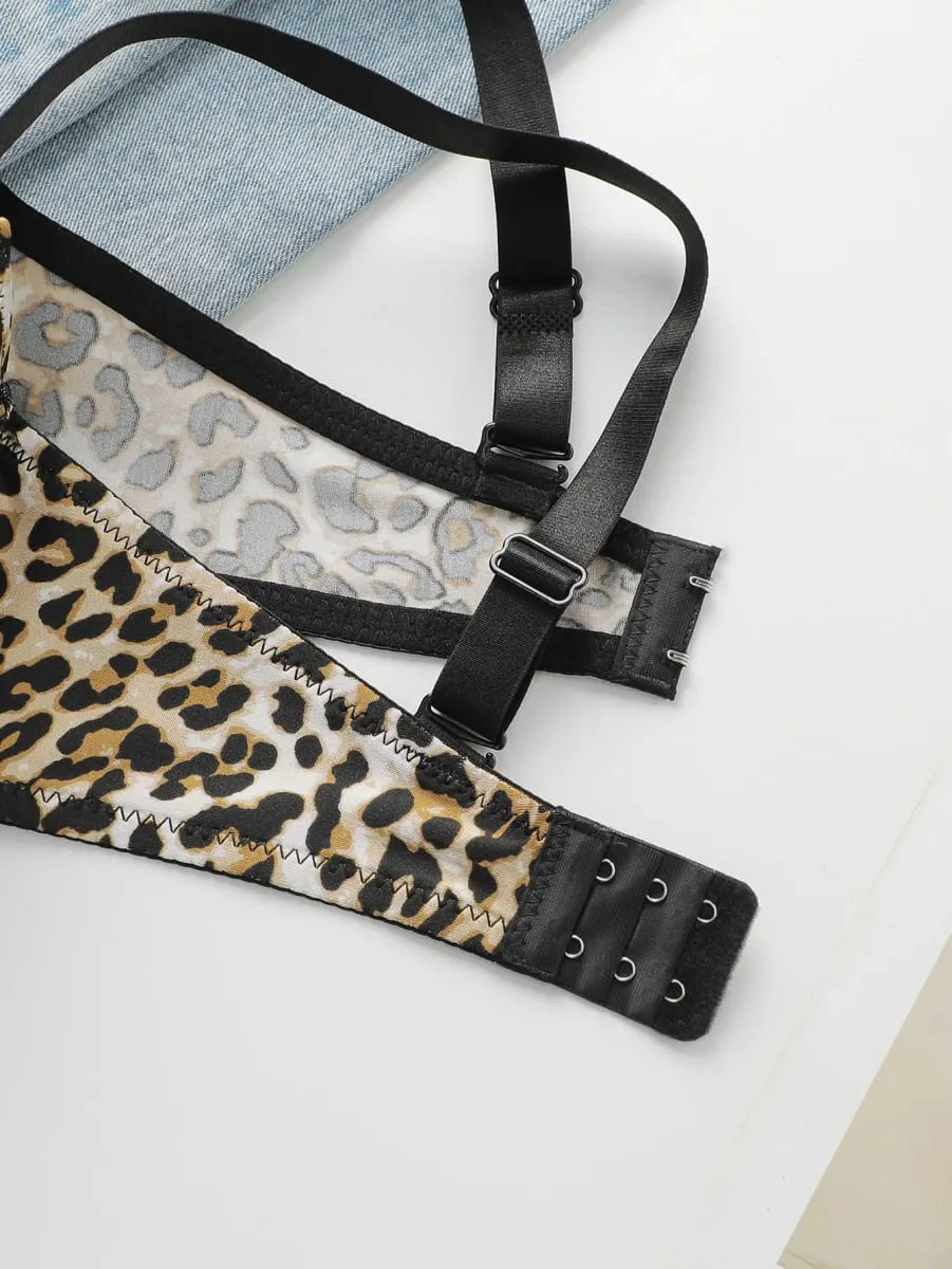 Sexy leopard print 2-piece set with gathered lifting and thickened steel support bra set for women's underwear B2051 — image 4