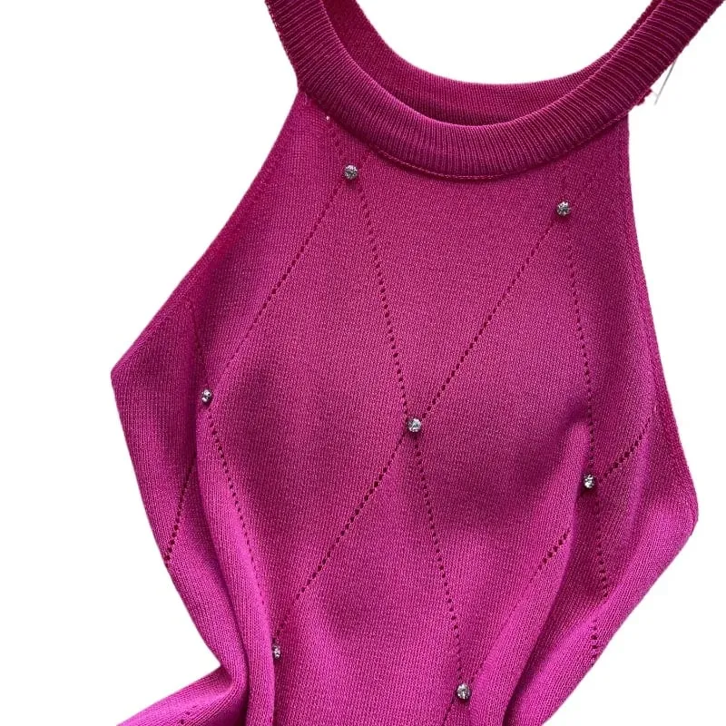 Dames roze halter hals mouwloze strass zonnejurk gebreide rekbare geribbelde bodycon mini-jurk zomerfeest cocktailjurk — image 6