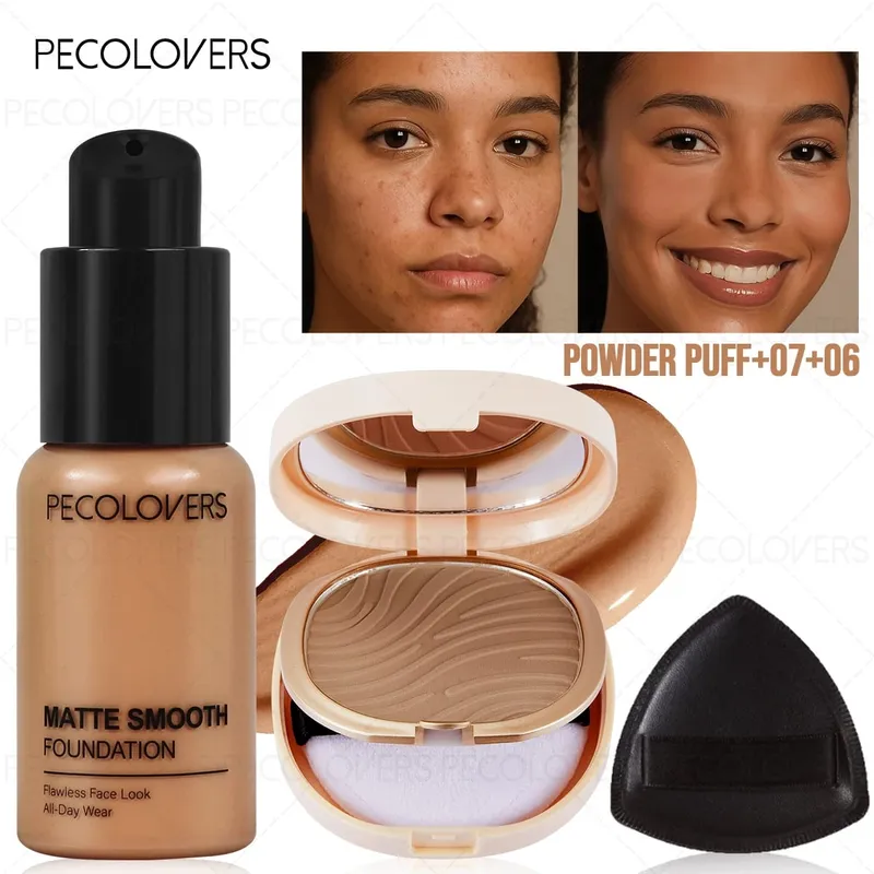 3pcs/Set Foundation Loose Powder Triangle Makeup Kit Full Coverage Liquid Foundation Waterproof Long-Lasting Base Makeup