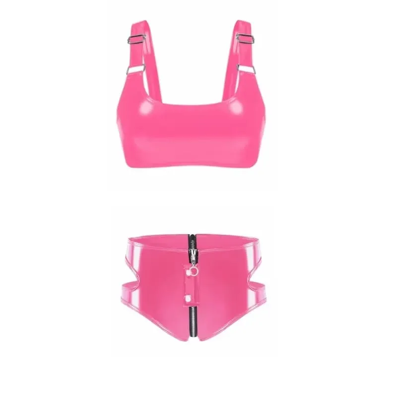 女性のウェットルック PVC フェイクレザーブラジャーランジェリーセットノンワイヤー裏地なし Bralette パンクジッパー股ブリーフクラブウェア新しい