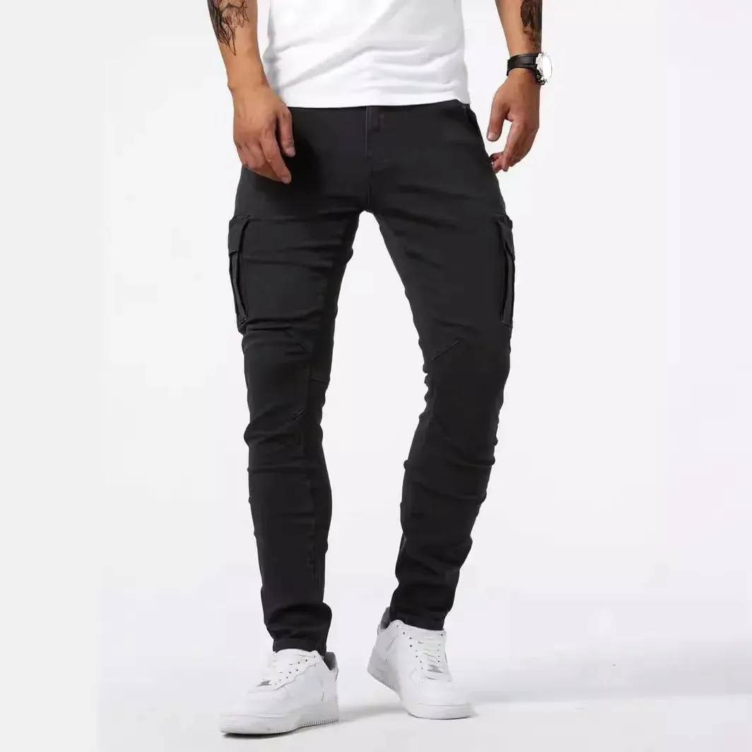 Men's street stretch denim jeans washed solid color multi pocket work pants casual slim fit daily wear jogging pants mid wa