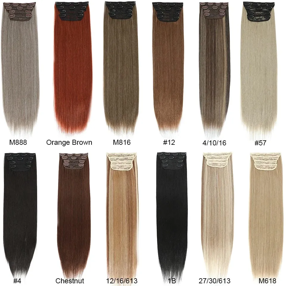 4Pcs 24 Inch Clip In Hair Extensions 200g Colored Brown Blonde Synthetic Heat Resistant Straight Hairpieces Thick Ends For Women