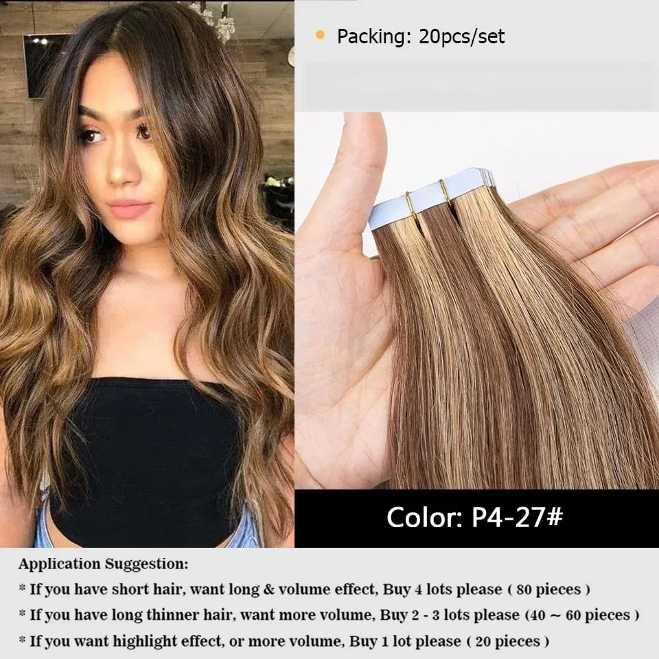 20PCS 12-22inches 30g/pack Tape in Hair Extensions Human Hair Seamless Tape Hair Extensions Skin Weft PU Tape On Hair