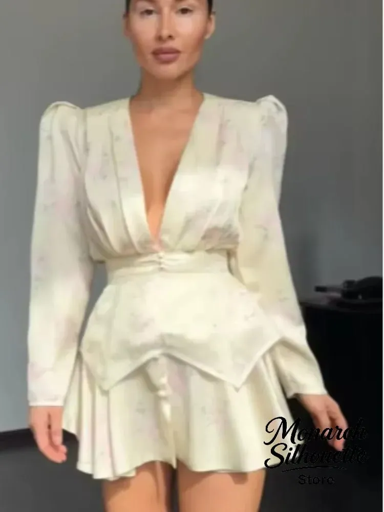 Elegantní minišaty s květinovým potiskem, dámské, elegantní, výstřih do V, plné rukávy, jednořadové, úzké, krátké šaty do áčka 2026 Dámské společenské róby