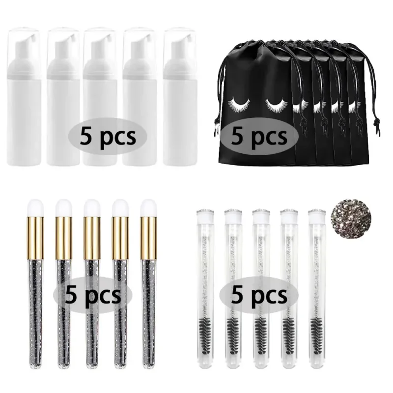 60ml Refillable Empty Plastic Pump Bottle Lash Extension Cleaning Kit Long Rod Brush Lash Curler Dust Tube EVA Storage Bag Tools