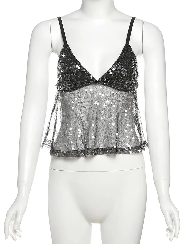 Nibber Sequins Patchwork Mesh Camisole Women v-Neck Sexy Backless Summer Trend Street Midnight Versatile Hottie Classic Tops — image 6