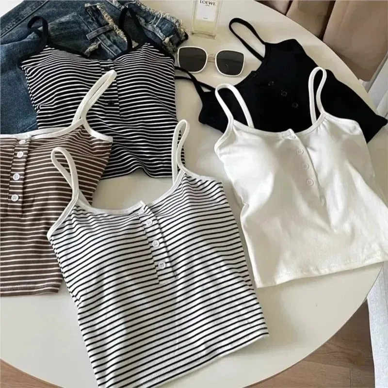 Integrated Stripe Women's Vest Inner Wear Outer Wear Button Fixed Cup No Bra Sports Top Short Style Cotton 100% Short Vest — image 8