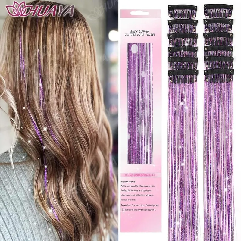 12Pcs/set Hair Tinsel Clip in Glitter Tinsel Hair Extensions Synthetic Shiny Sparkling Fairy Hair Tinsel Party Hair Accessories