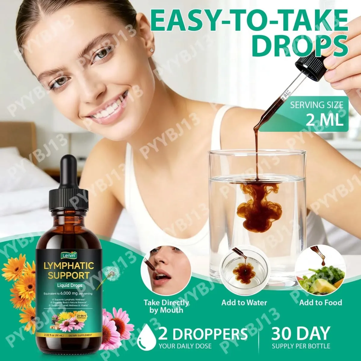Lenm 60ml 림프 시스템 정화 면역 지원 액체 보충제 BalanceSupport를 위한 천연 유기농 림프 허브 방울