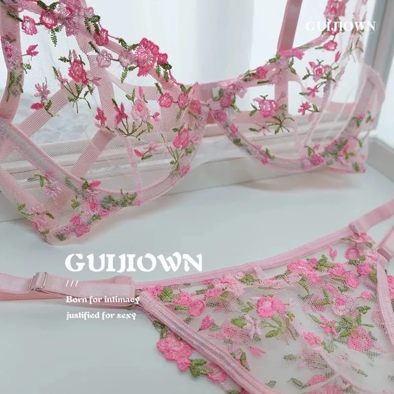 Everyday French Lace Bra Set Wireless Support Embroidered Flower Ultra Thin Breathable Comfort Hollow Out Lingerie BANERDANNI