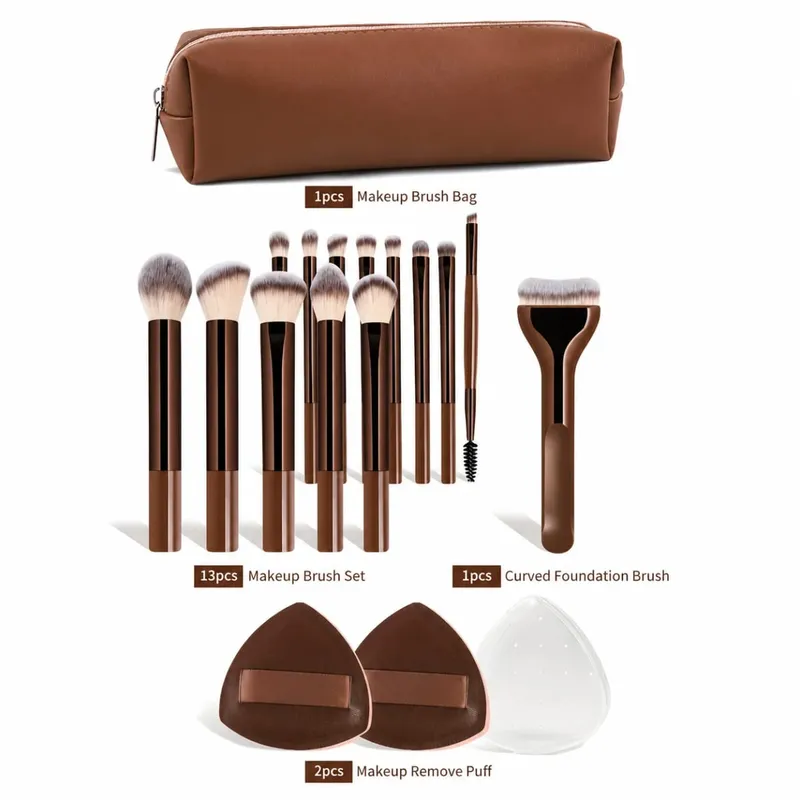 17Pcs Makeup Brush Set With Bag & 2Pcs Puff Foundation Powder Blush Eyeshadow Eyebrow Lip Brushes Travel Beauty Tools Gift — image 2
