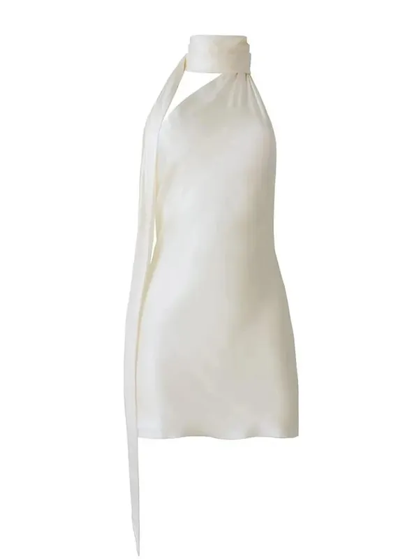 VGH Patchwork Resmi Elbiseler Kadınlar Için Halter Yaka Kapalı Omuz Kolsuz Yüksek Bel Backless Saten Mini Elbise Kadın Tarzı