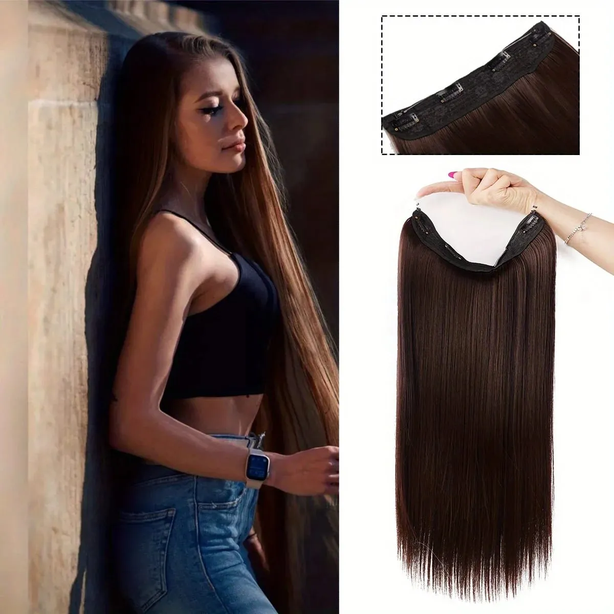 Invisible Wire Hair Extensions Adjustable Size Removable Secure Clips in 24 Inch Straight Secret Hairpiece for Women — image 9