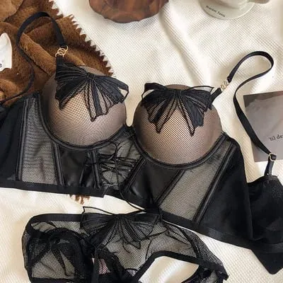 Bowknot Gauze Perspective Sexy Push Up Underwear Set Thick Small Bra Briefs Panties Lengthen Adjustable Intimates Belt