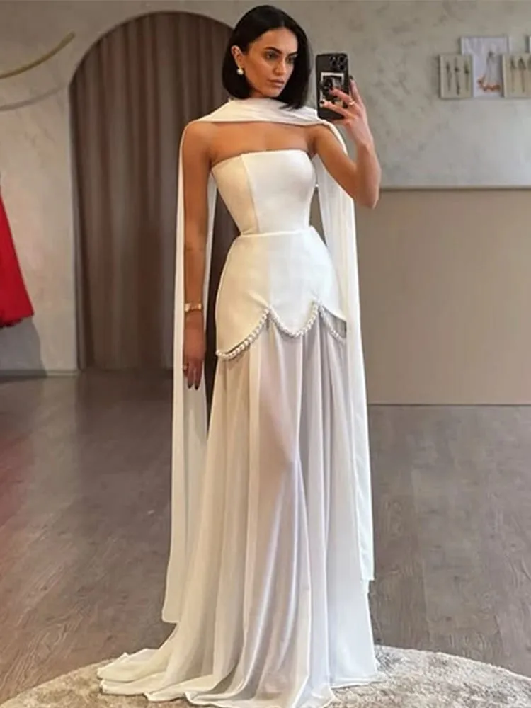 Solid Color Tie Accent Floral Hem Evening Gown Strapless Paneled Pearl Chain 2026 Elegant Women Dress Fashion Chic Lady Vestido