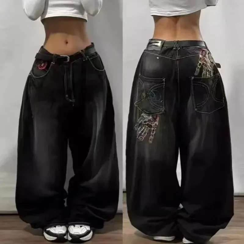 90s Gothic Centipede Embroidery Washed Oversized Wide-Leg Pants Jeans Men Y2K New Harajuku Punk Hip-Hop Rock Couple Street Wear