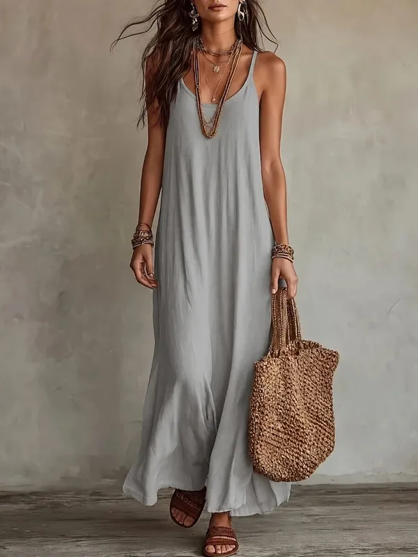 Women's Loose A-Line Long Dress with Thin Straps