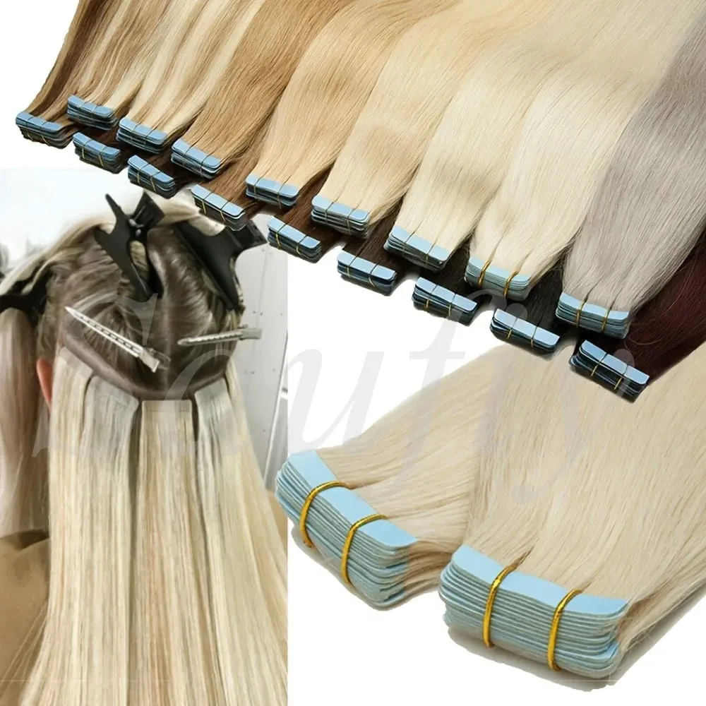Blonde gerade Tape-In-Haarverlängerungen, Echthaar, 20 Stück/Packung, gerade, natürliches Schwarz, Blond, Braun, Tape-In-Haarverlängerungen, 12–20 Zoll, nahtlose doppelseitige Hauteinschlag-Tape-In-Haarverlängerungen für Frauen